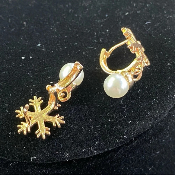 Gold Tone Snowflake Huggie Earrings with Faux Pearl Drops - Picture 4 of 7